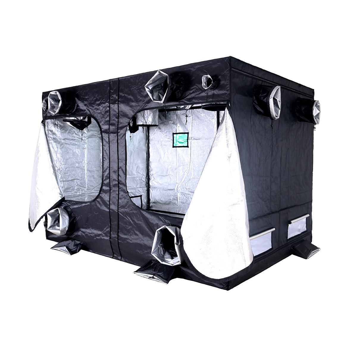 BudBox Pro Tent 200x300x200cm with the front, side and rear doors open, showing the silver Mylar interior