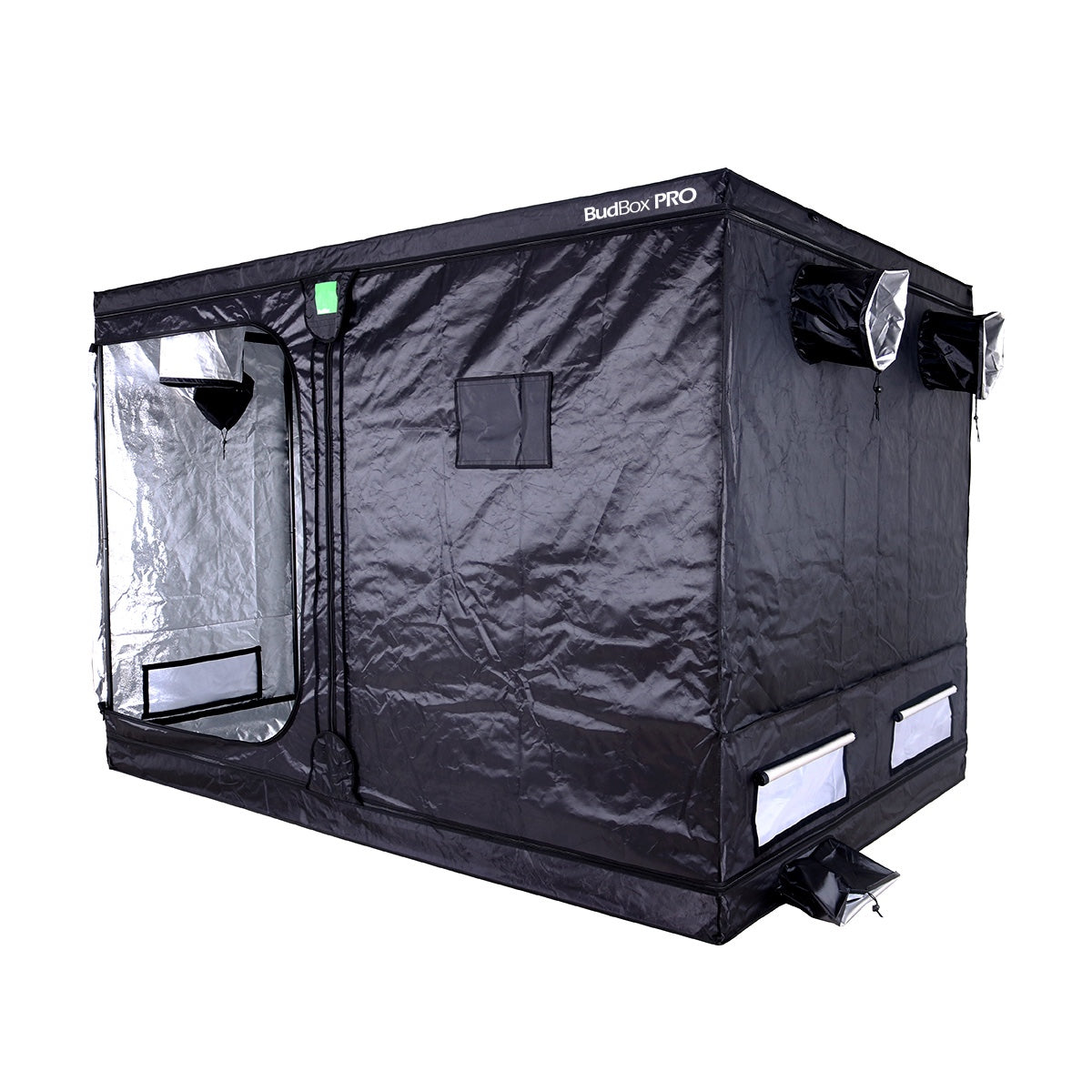 BudBox Pro Tent 200x300x200cm exterior showing the front doors, viewing window, ducting ports and passive vents