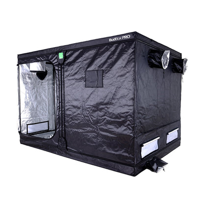 BudBox Pro Tent 200x300x200cm exterior showing the front doors, viewing window, ducting ports and passive vents