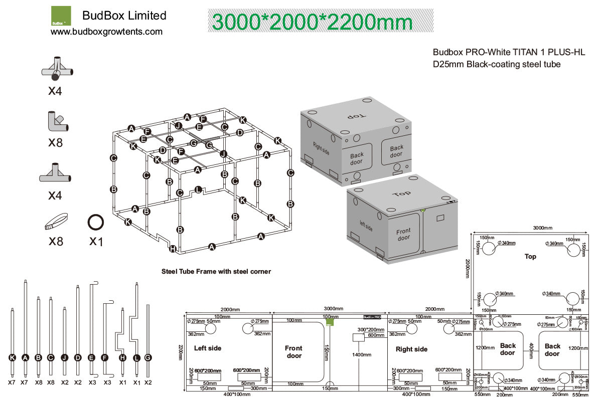 BudBox Pro Tent 200x300x220cm dimensioned schematic showing frame parts, port sizes and full external dimensions