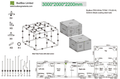 BudBox Pro Tent 200x300x220cm dimensioned schematic showing frame parts, port sizes and full external dimensions