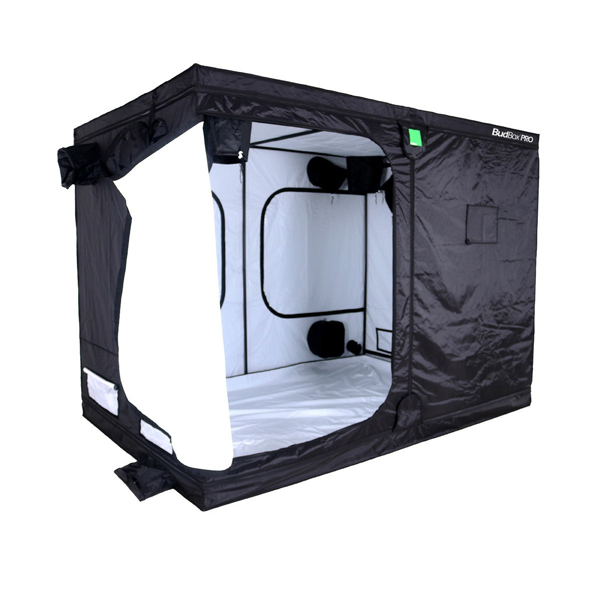 BudBox Pro Tent 200x300x220cm with the doors rolled open, showing the white PRO lining inside the black outer