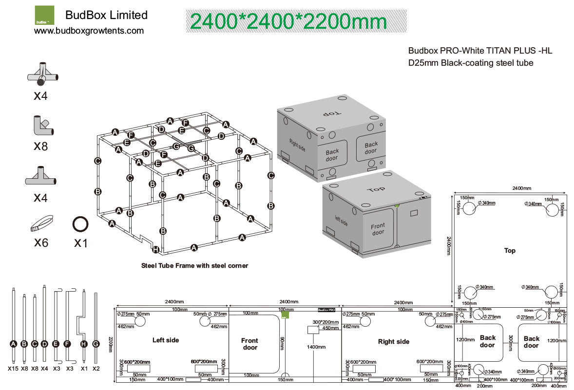 BudBox Pro Tent 240x240x220cm dimensioned schematic showing frame parts, port sizes and full external dimensions