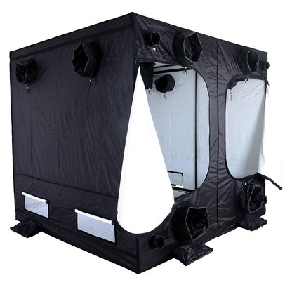 BudBox Pro Tent 240x240x220cm White from the rear, with a rear access door open and the wall ports