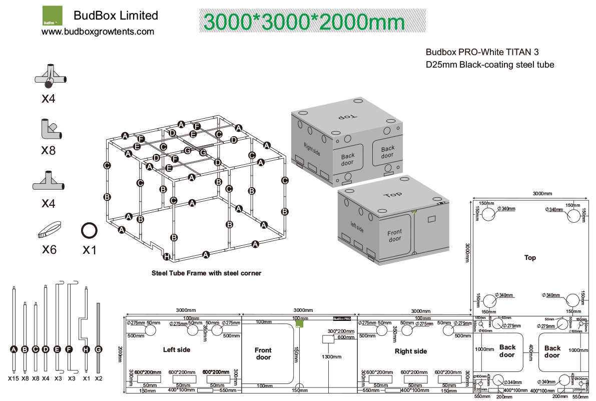 BudBox Pro Tent 300x300x200cm dimensioned schematic showing frame parts, port sizes and full external dimensions