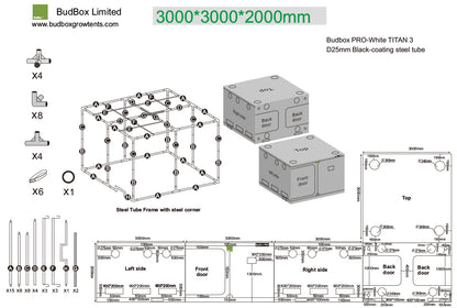 BudBox Pro Tent 300x300x200cm dimensioned schematic showing frame parts, port sizes and full external dimensions