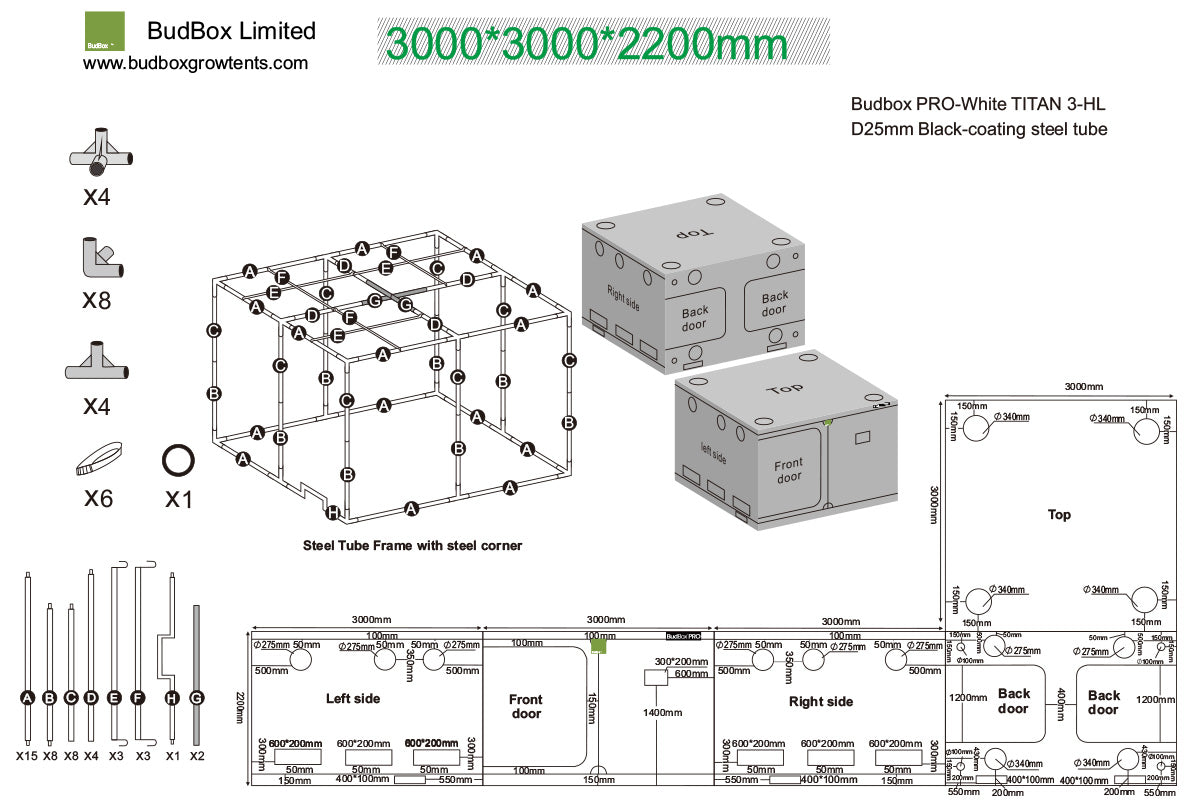 BudBox Pro Tent 300x300x220cm dimensioned schematic showing frame parts, port sizes and full external dimensions