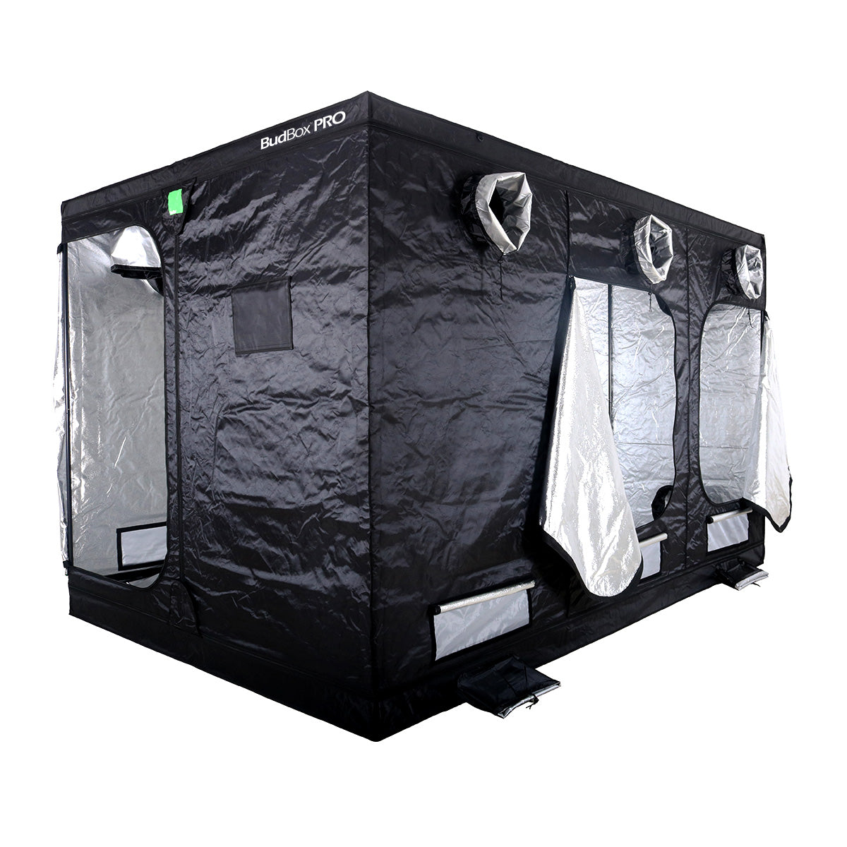 BudBox Pro Tent 360x240x220cm, second angle showing the frame, doors and silver mylar interior