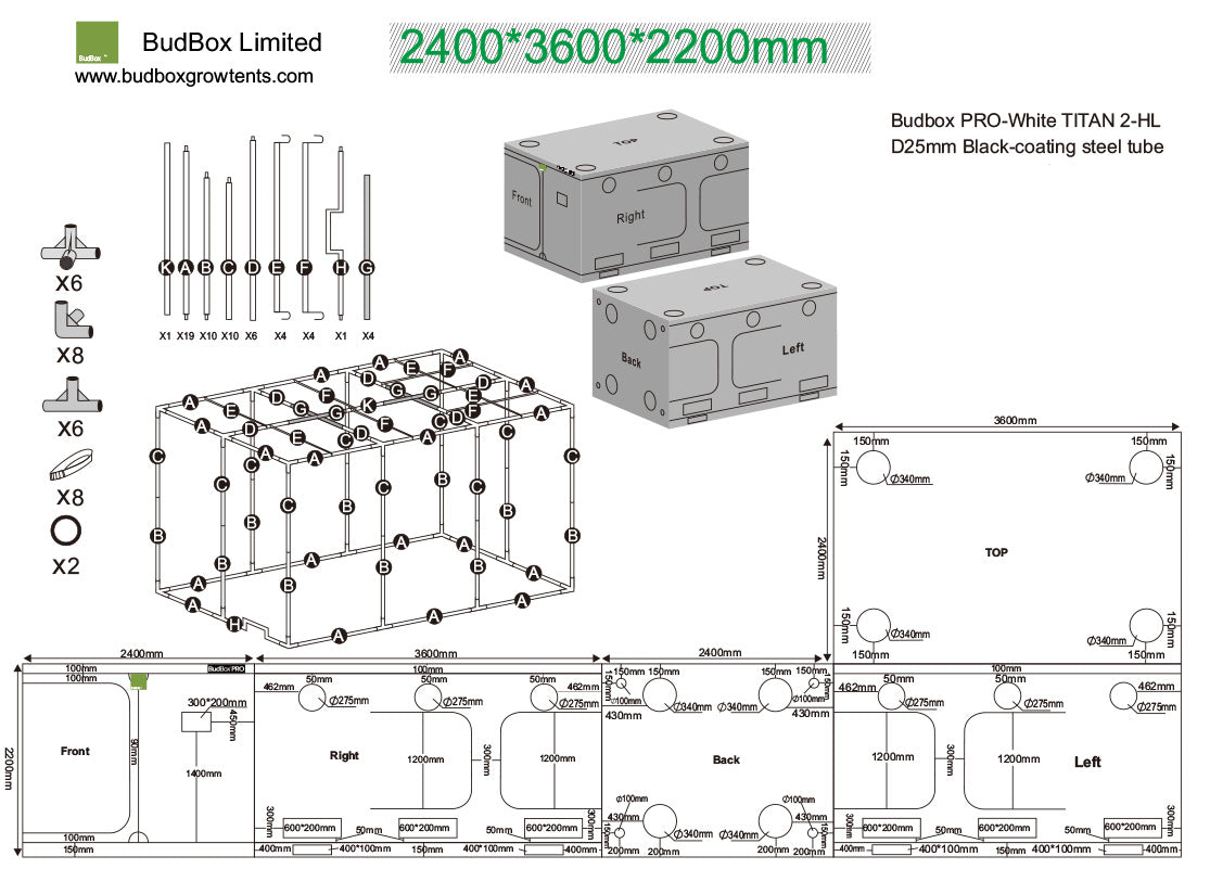 BudBox Pro Tent 360x240x220cm dimensioned schematic showing frame parts, port sizes and full external dimensions