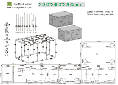 BudBox Pro Tent 360x240x220cm dimensioned schematic showing frame parts, port sizes and full external dimensions