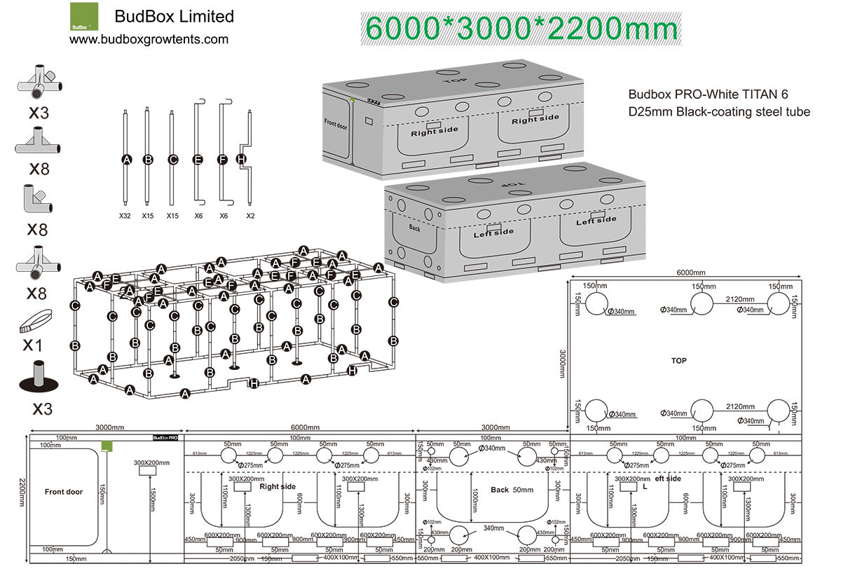 BudBox Pro Tent 600x300x220cm dimensioned schematic showing frame parts, port sizes and full external dimensions
