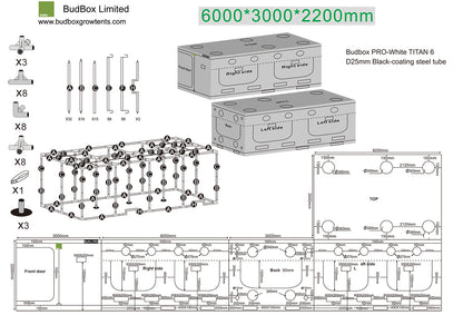BudBox Pro Tent 600x300x220cm dimensioned schematic showing frame parts, port sizes and full external dimensions