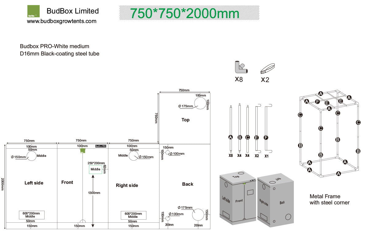 BudBox Pro Propagation Tent 75x75x200cm dimensioned schematic showing frame parts, port sizes and full external dimensions