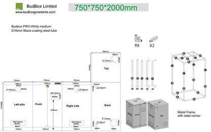 BudBox Pro Propagation Tent 75x75x200cm dimensioned schematic showing frame parts, port sizes and full external dimensions