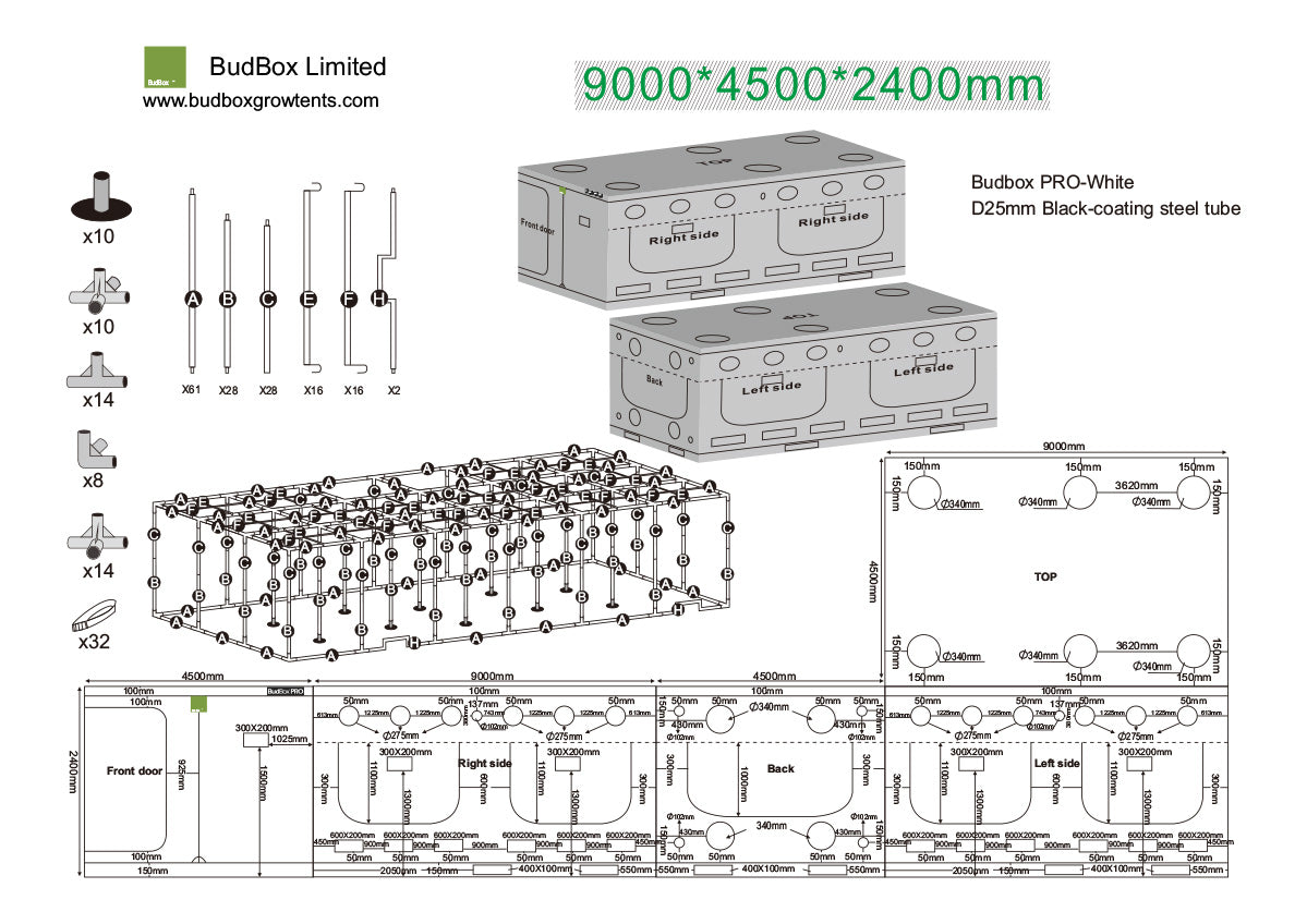 BudBox Pro Tent 900x450x240cm dimensioned schematic showing frame parts, port sizes and full external dimensions