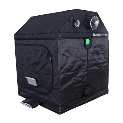 BudBox Pro XL Plus-R Tent 150x150x180cm closed, showing the pitched roof, gable ports, viewing window and passive vents