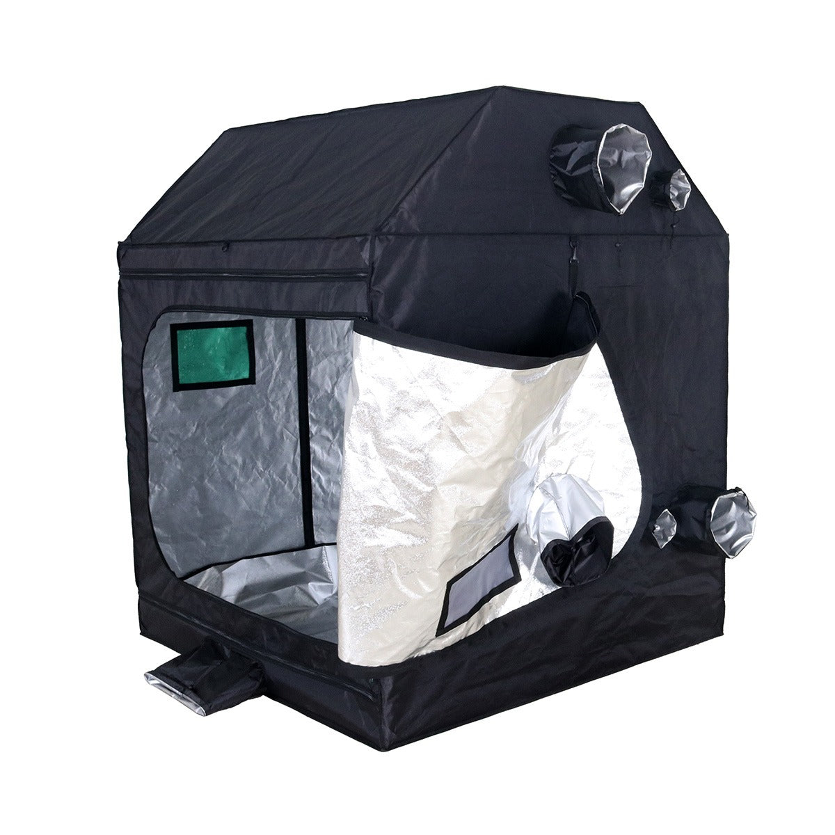 BudBox Pro XL Plus-R Tent 150x150x180cm with the side access door open, showing the silver Mylar lining