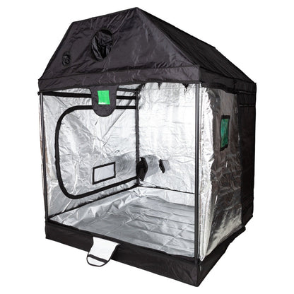 BudBox Pro XL Plus-R Tent 150x150x180cm Silver from the front corner with the main door open, showing the Mylar lining and the wide flat ridge