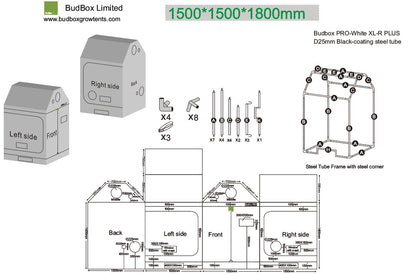 BudBox Pro XL Plus-R Tent 150x150x180cm dimensioned schematic showing the 140cm walls, 70cm ridge, ports and frame parts