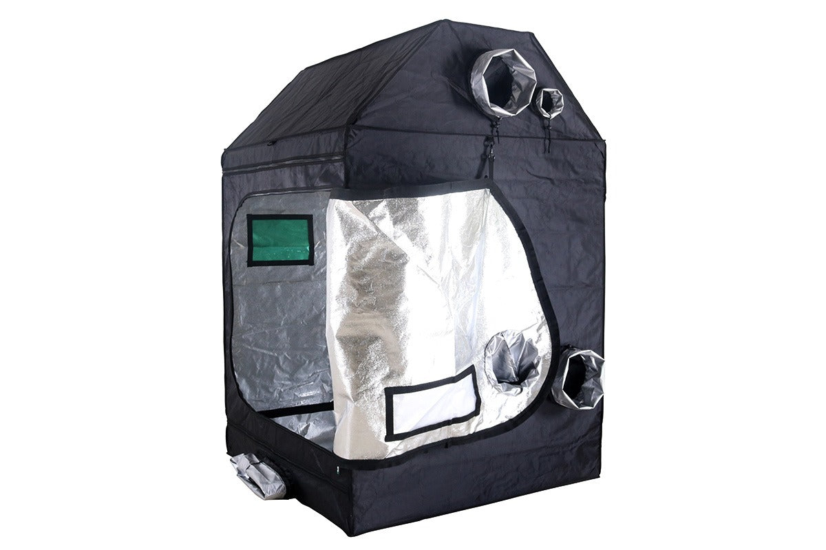 BudBox Pro XL-R Tent 120x120x180cm with the side access door open, showing the silver Mylar lining