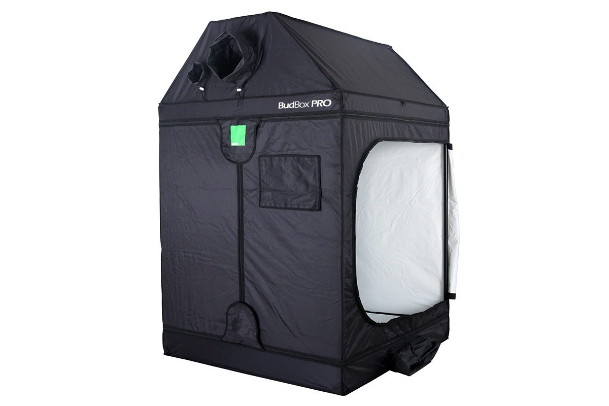 BudBox Pro XL-R Tent 120x120x180cm White, side view with the access door partly open