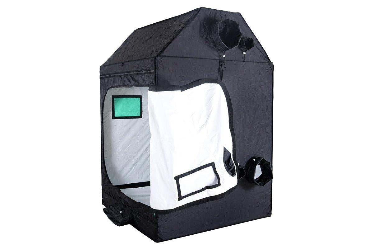 BudBox Pro XL-R Tent 120x120x180cm White with the side access door open, showing the PRO White lining