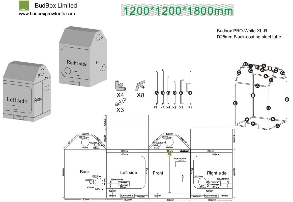 BudBox Pro XL-R Tent 120x120x180cm dimensioned schematic showing the 140cm walls, roof slope, ports and frame parts