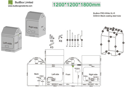 BudBox Pro XL-R Tent 120x120x180cm dimensioned schematic showing the 140cm walls, roof slope, ports and frame parts