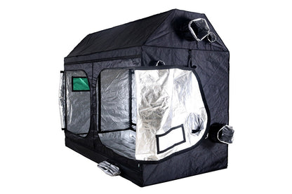 BudBox Pro XXL-R Tent 120x240x180cm with the front and side access doors open, showing the silver Mylar lining
