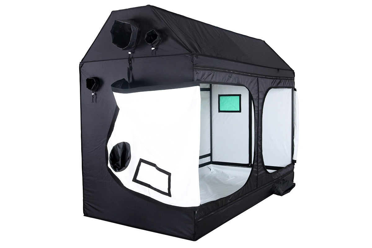 BudBox Pro XXL-R Tent 120x240x180cm White with a side access door open, showing the PRO White lining