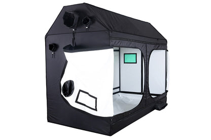 BudBox Pro XXL-R Tent 120x240x180cm White with a side access door open, showing the PRO White lining