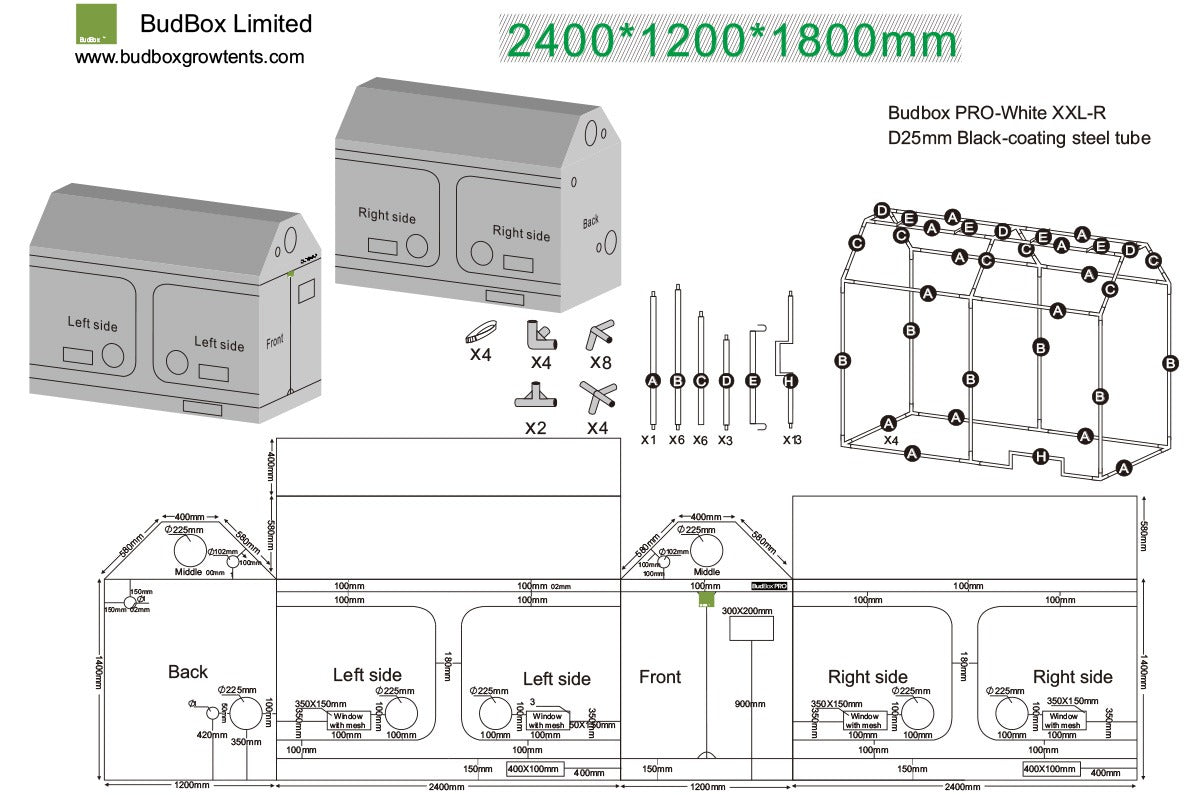 BudBox Pro XXL-R Tent 120x240x180cm dimensioned schematic showing the 140cm walls, full-length ridge, doors, ports and frame parts