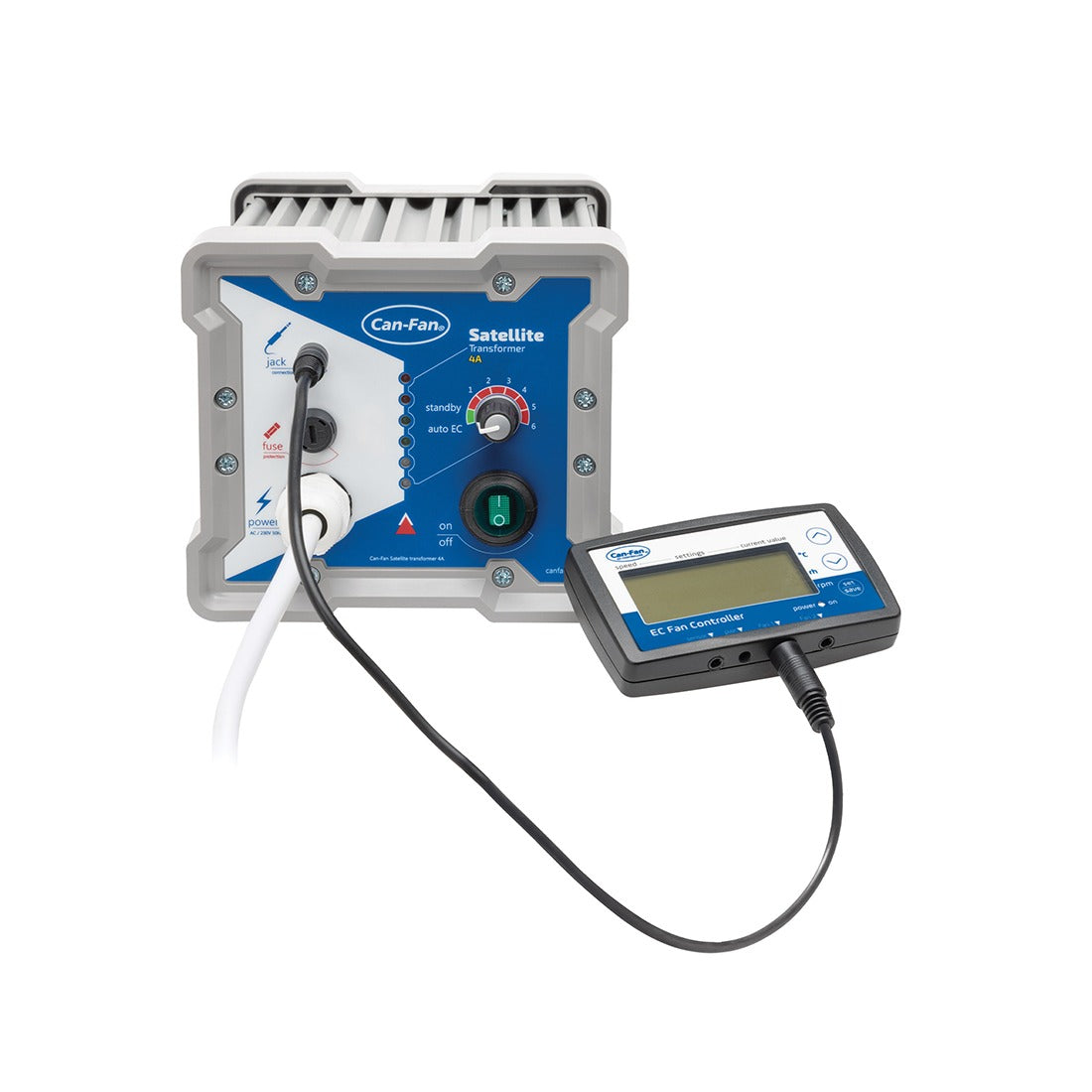 Can-Fan Satellite 4A Stepped Controller linked by its jack lead to the Can-Fan Q-Max EC LCD Fan Controller (sold separately)