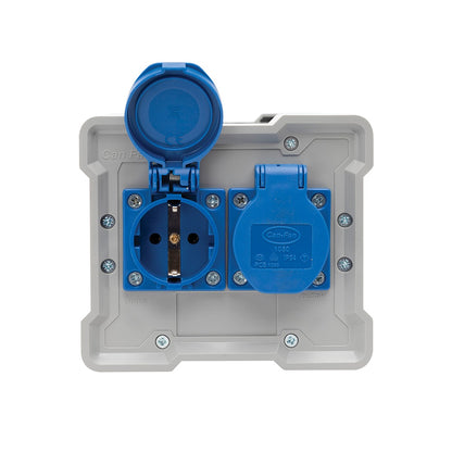 Can-Fan Satellite 4A Stepped Controller rear panel with its two European Schuko-type fan outlets, marked intake and outtake, under IP54 flip covers