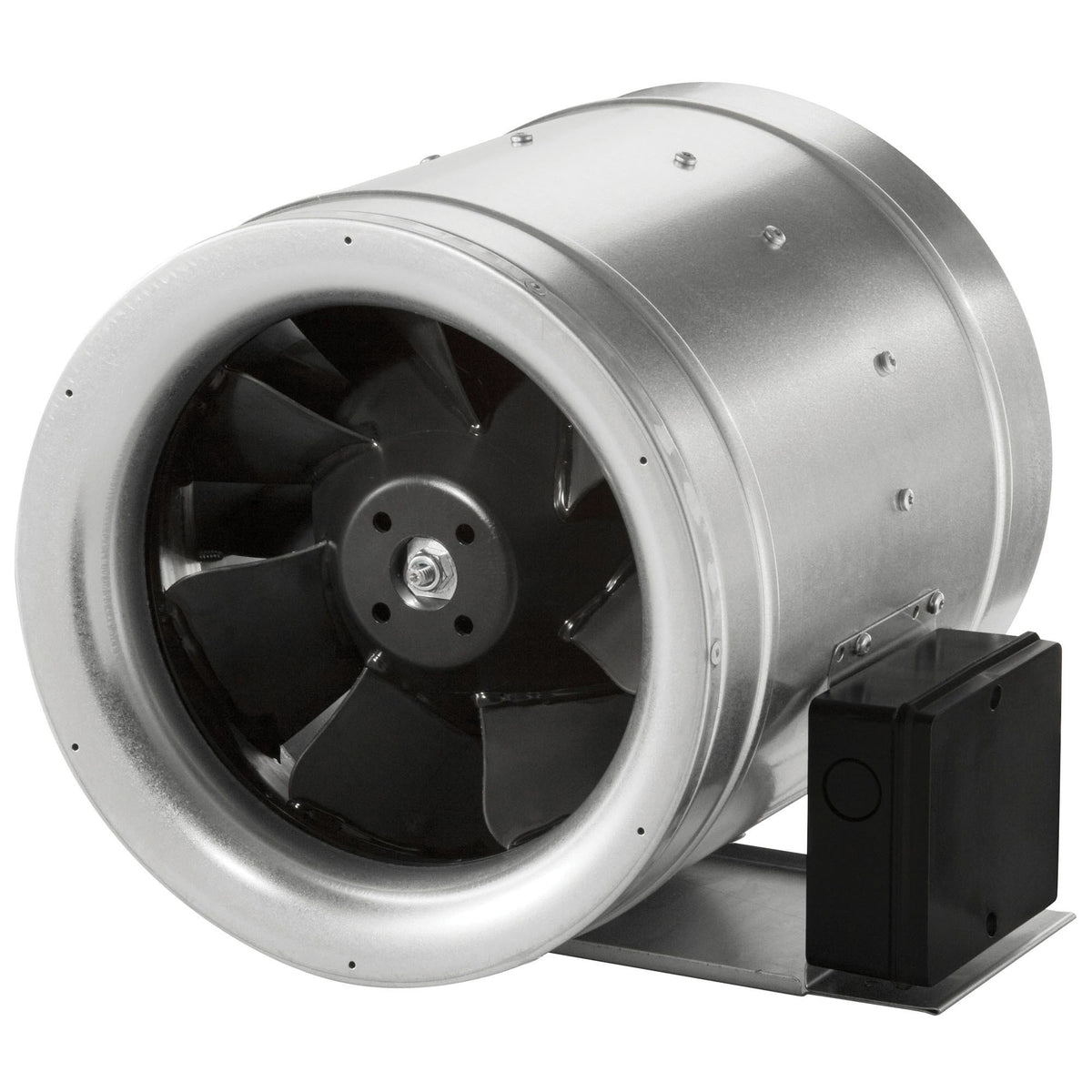 Can Max-Fan bare metal inline extractor fan with side-mounted motor box