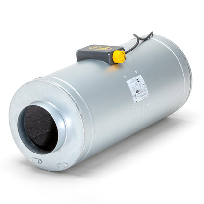 Can Q-Max acoustic-housed inline fan, grey metal casing with speed control