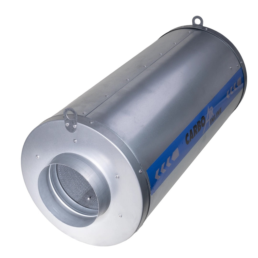 CarboAir Inline Carbon Filter, angled view of the steel case, label and hanging lugs