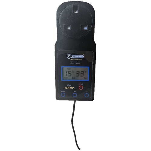 Cli-Mate 16A Temperature Controller showing the UK plug, probe lead and LCD display