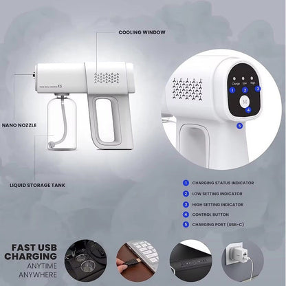 Cordless Nano Fogging Spray Gun features: nano nozzle, tank, cooling window, control button and USB-C port