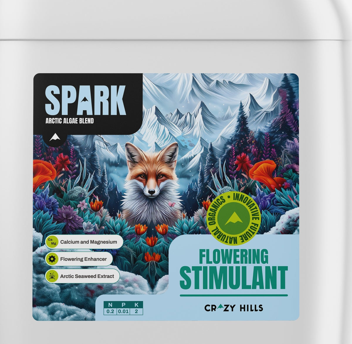 Crazy Hills Spark label close-up: calcium and magnesium, Arctic seaweed extract, NPK 0.2-0.01-2