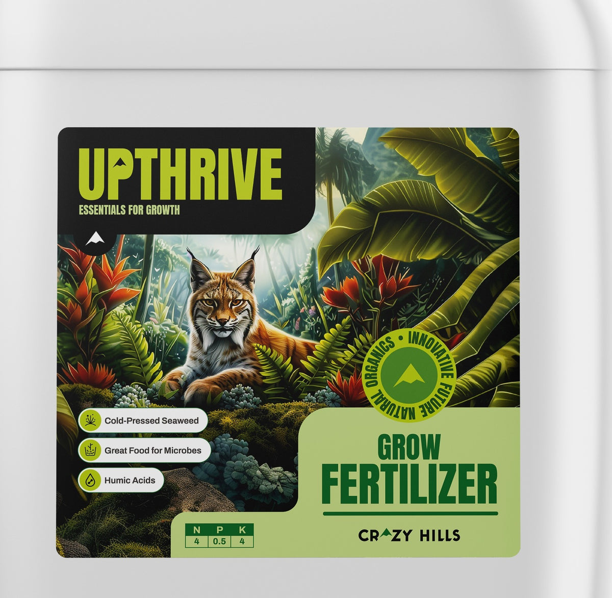 Crazy Hills Upthrive label close-up: cold-pressed seaweed, humic acids, NPK 4-0.5-4