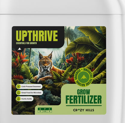 Crazy Hills Upthrive label close-up: cold-pressed seaweed, humic acids, NPK 4-0.5-4