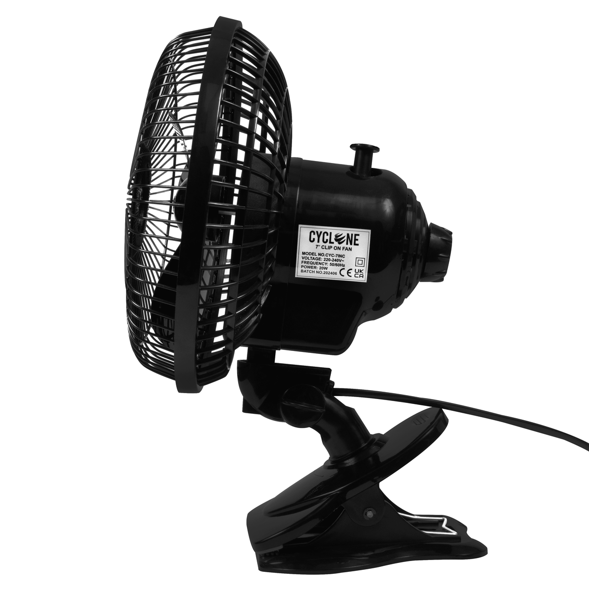 Cyclone 7" Oscillating Clip On Fan side view on its clip base, showing the rating label