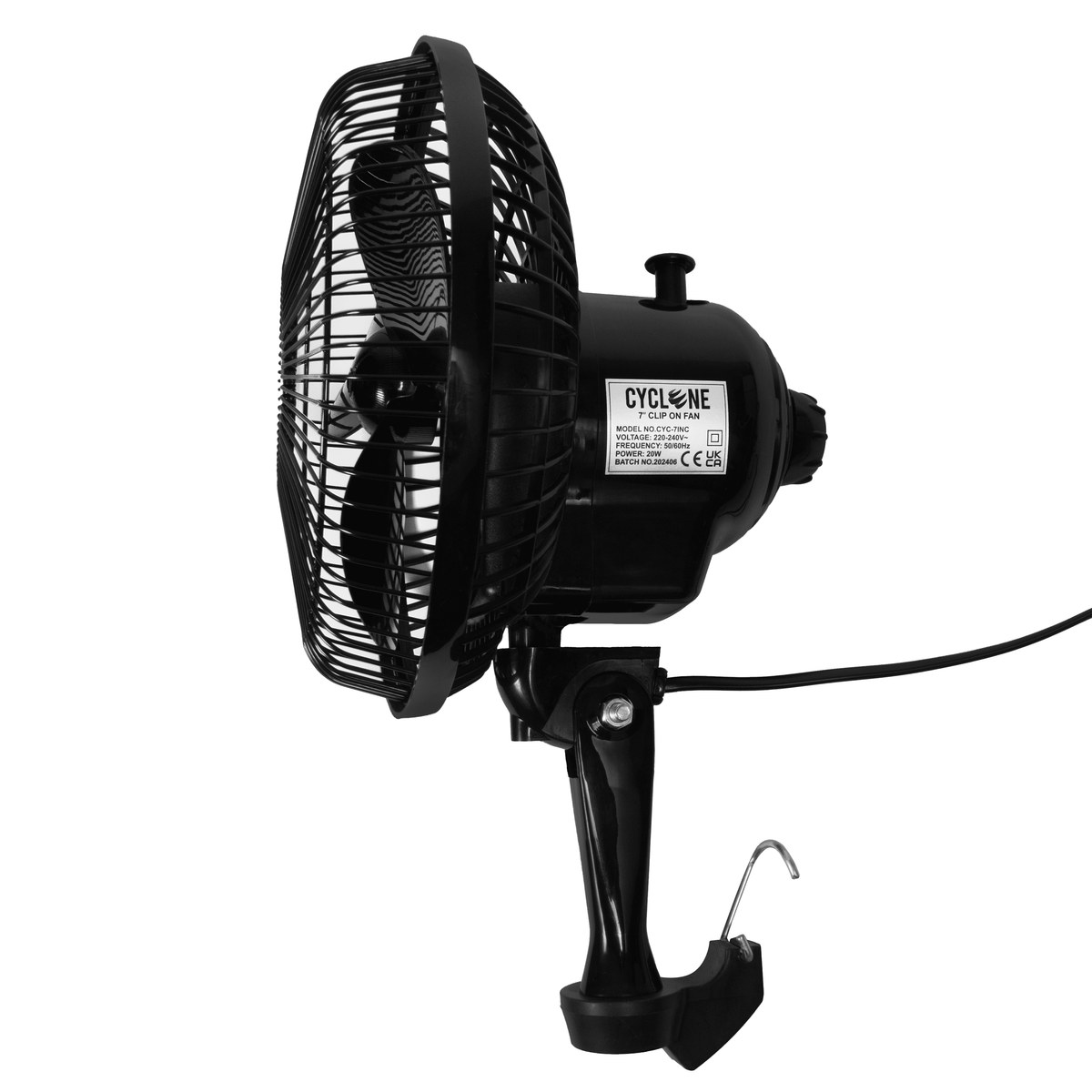 Cyclone 7" Oscillating Clip On Fan fitted to its pole bracket and hook