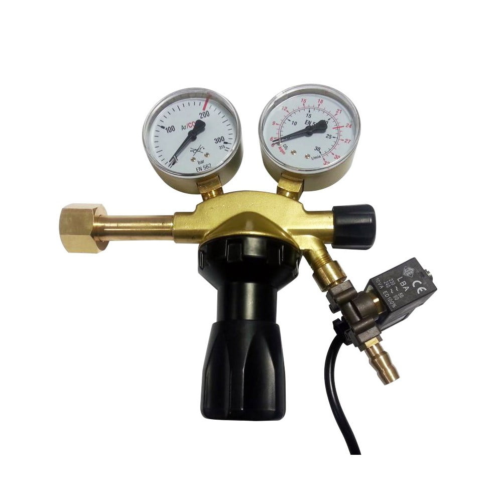 Dimlux CO2 Pressure Reducing Valve Pro — brass regulator with twin gauges and magnetic valve