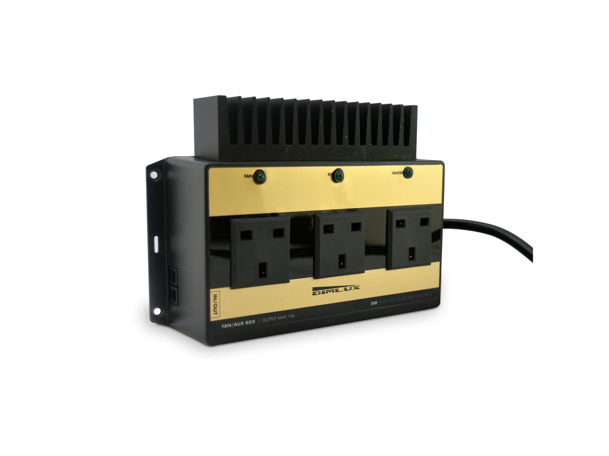 Dimlux Fan Aux Box 15A side angle showing the heatsink and power lead