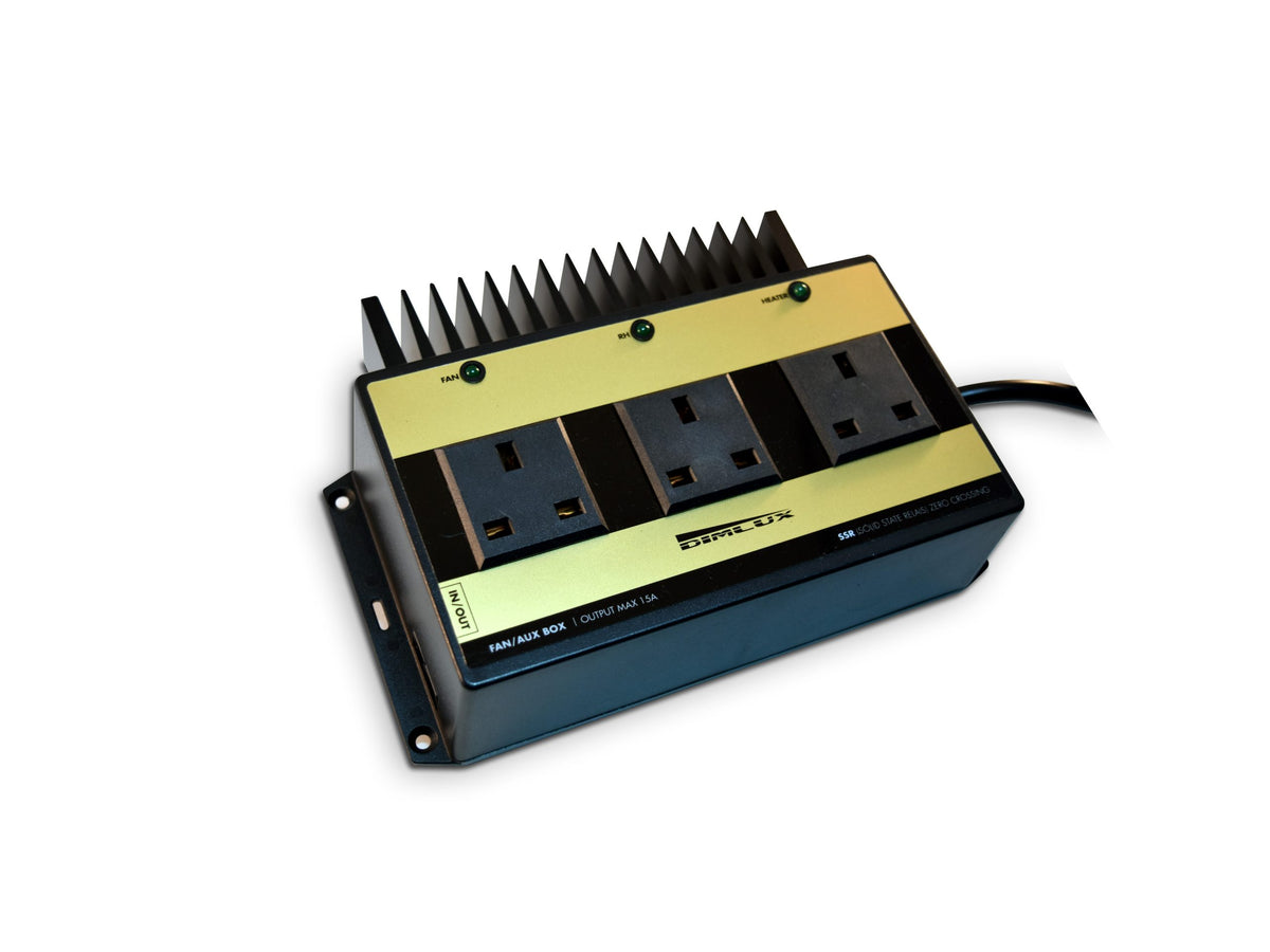 Dimlux Fan Aux Box 15A three-quarter view with mounting lugs