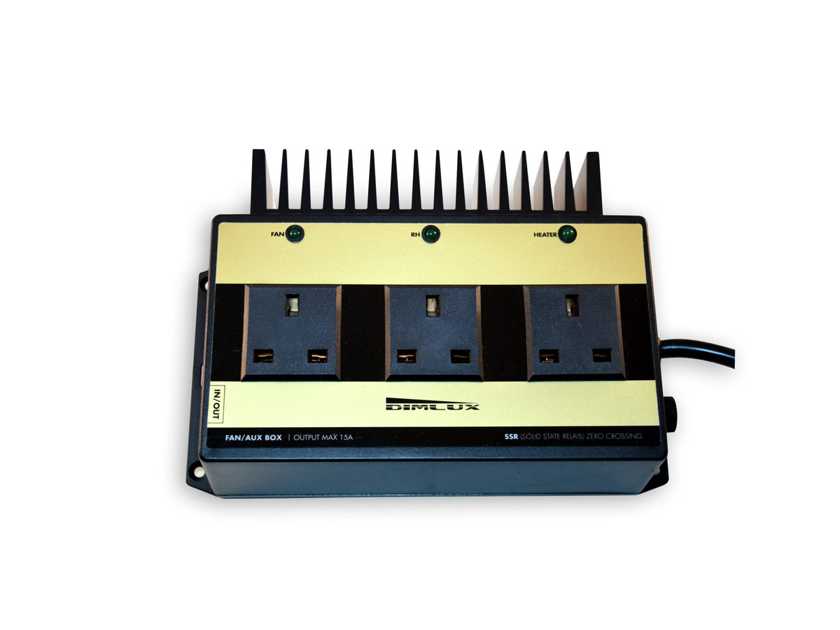 Dimlux Fan Aux Box 15A — front view of the three UK sockets marked Fan, RH and Heater