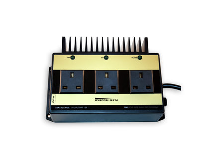 Dimlux Fan Aux Box 15A — front view of the three UK sockets marked Fan, RH and Heater