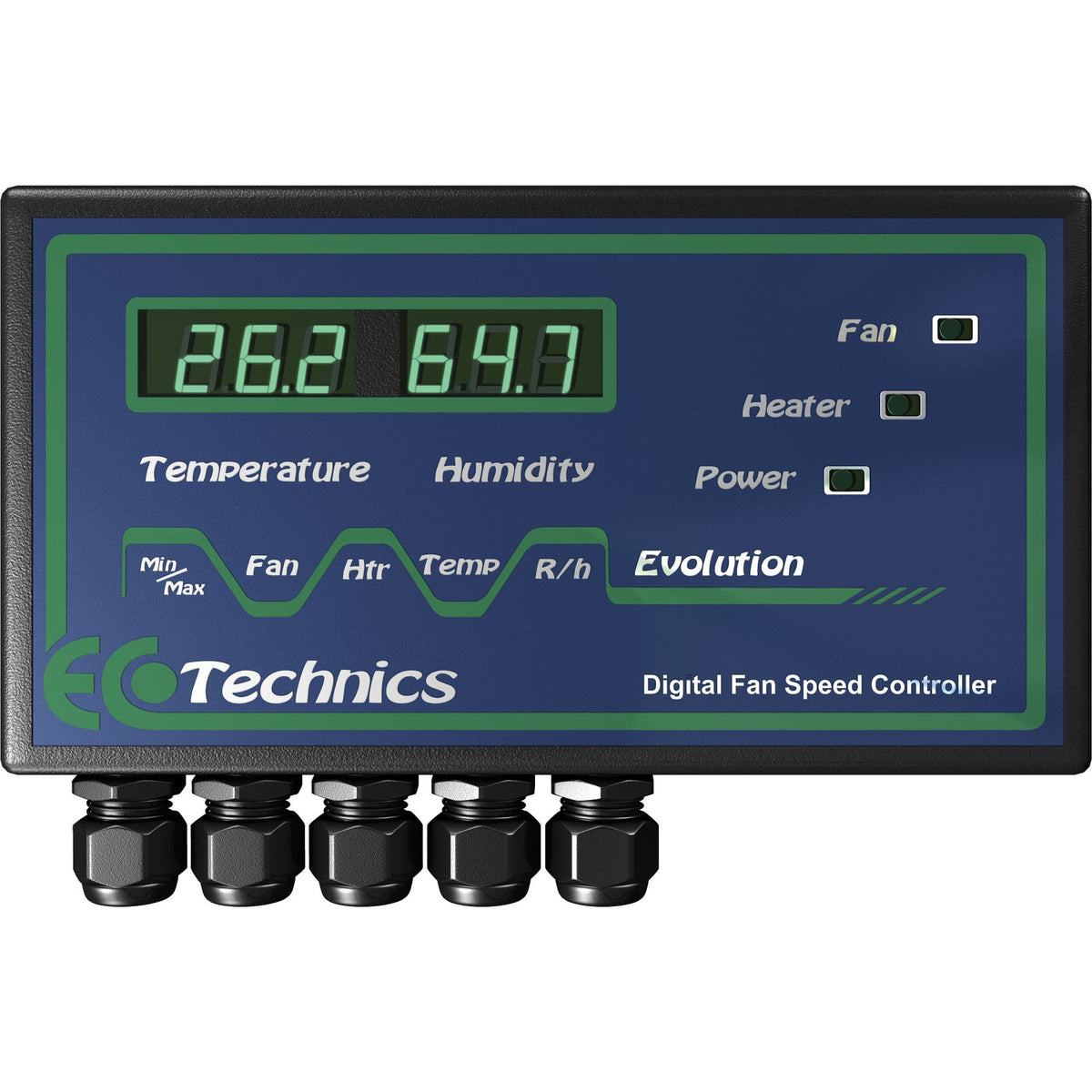 Ecotechnics Evolution Fan Controller front panel showing live temperature and humidity readings
